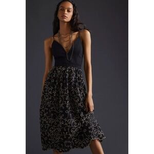 Anthropologie Black Midi Dress with Gold Embroidered Skirt